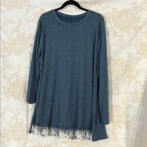 Women's Blue Long Sleeve Top with Lace Hem